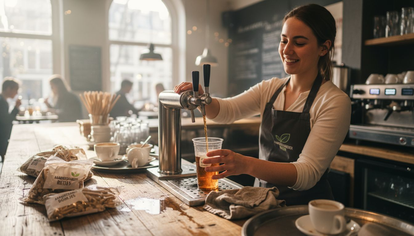 Een medewerker achter de bar giet een drankje in een plastic bekertje.