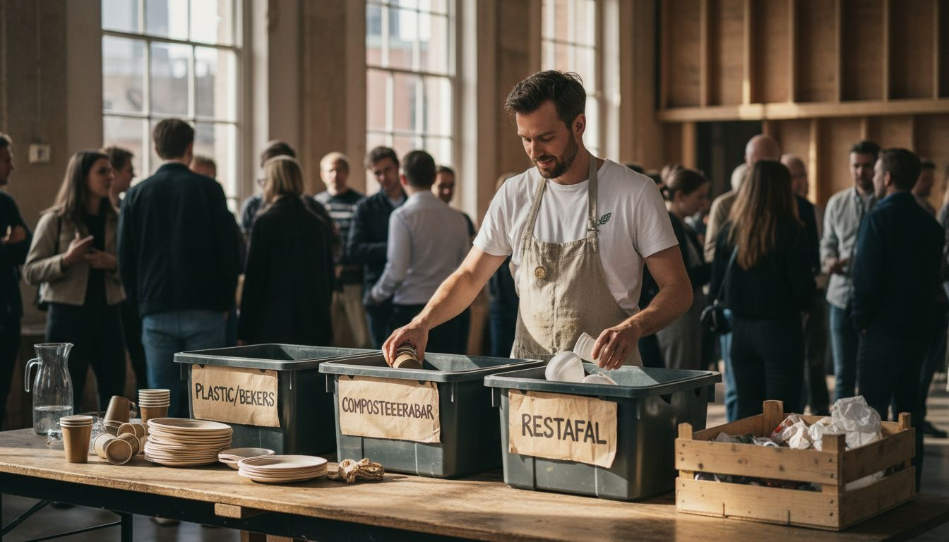 Een evenementenorganisator die tijdens een drukbezocht evenement actief werkt aan het verminderen van plastic afval.