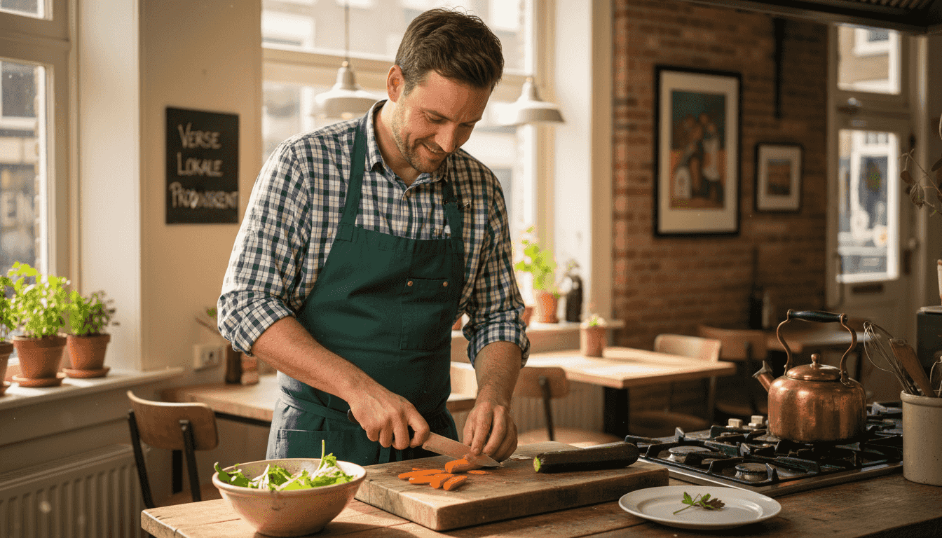 In een gezellig Amsterdams café staat de chef dagelijks in de keuken om met verse, biologische ingrediënten de lekkerste gerechten te bereiden.