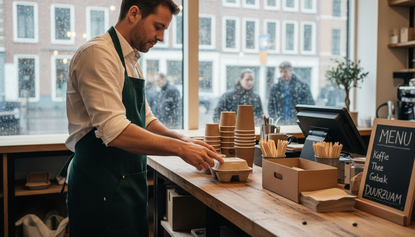 Een barista zet biologisch afbreekbare bekers netjes klaar in een hippe stadsbar.