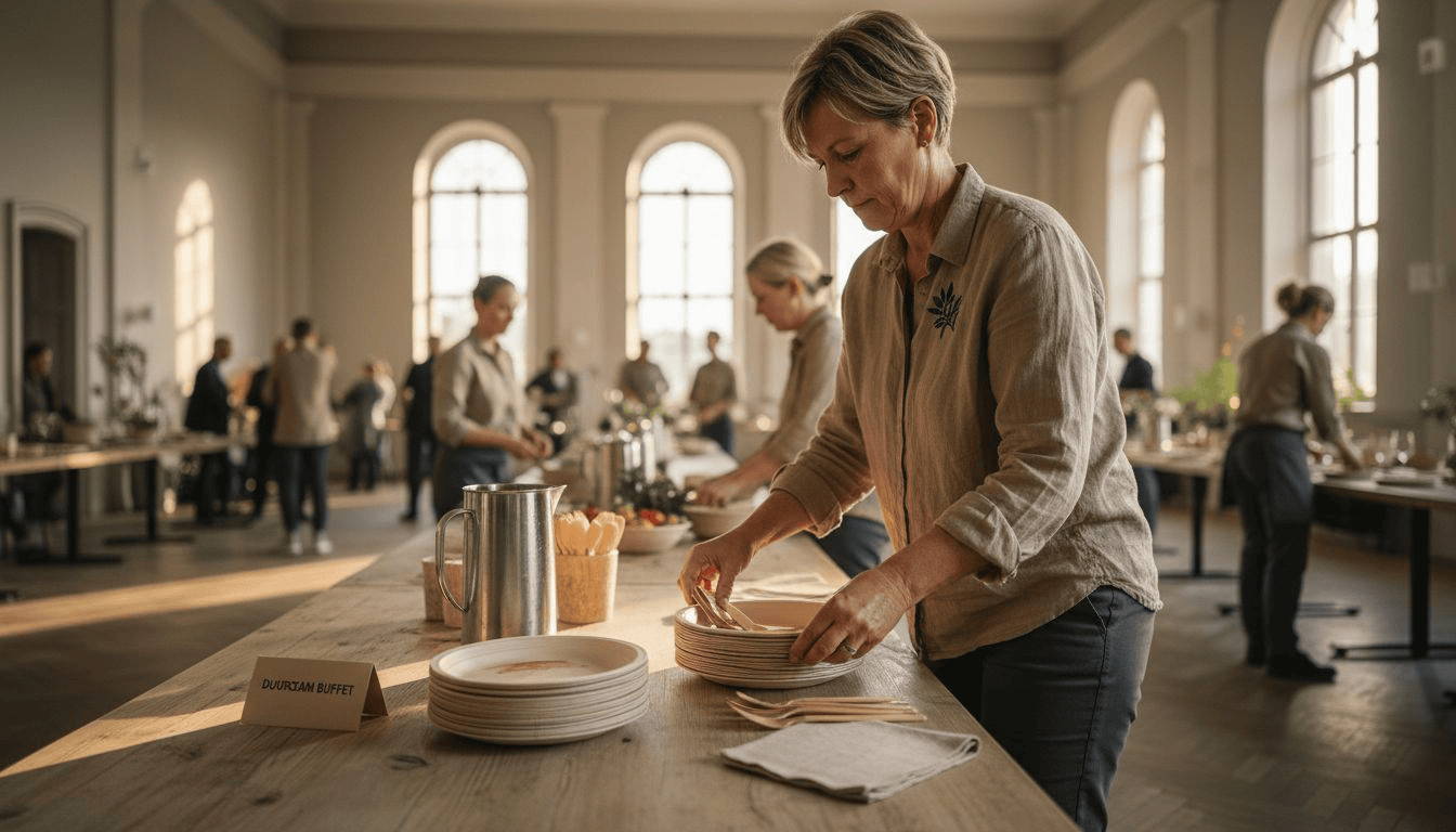 De manager stelt een assortiment plantaardige gerechten samen voor het evenement.