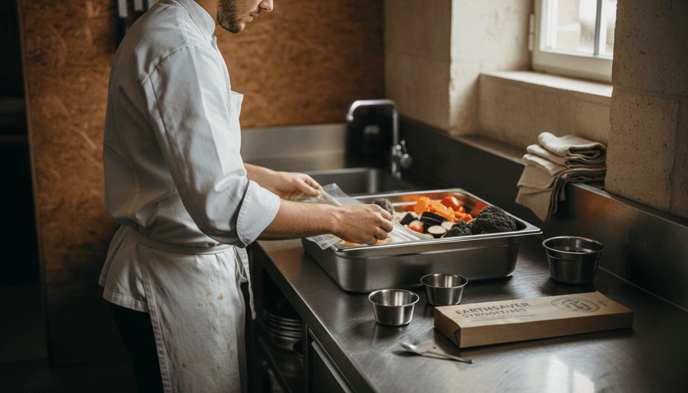 In de keuken van het restaurant werkt de chef met milieuvriendelijke, composteerbare folie.