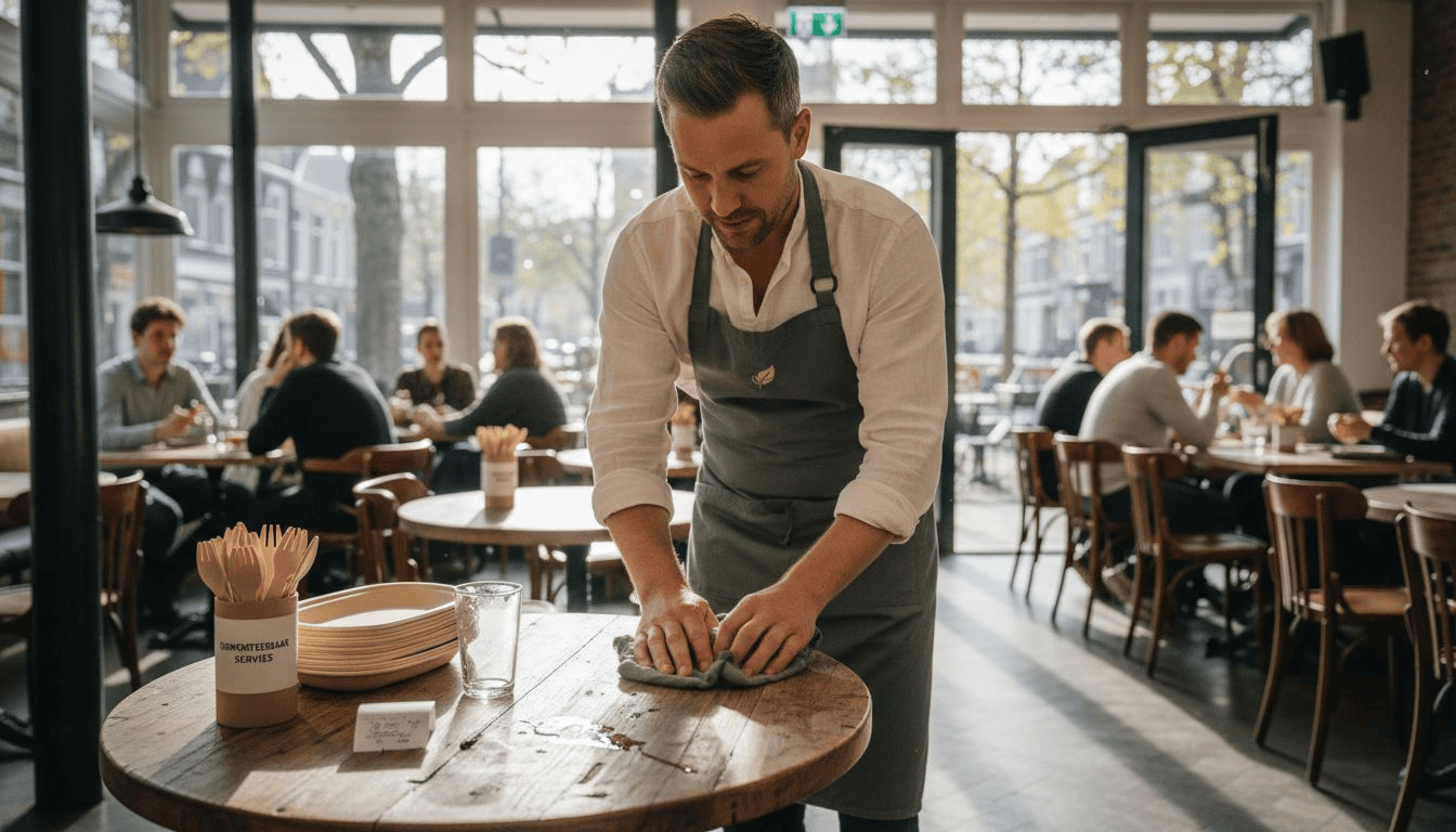 Horecamanager presenteert tafel met biologisch afbreekbaar servies