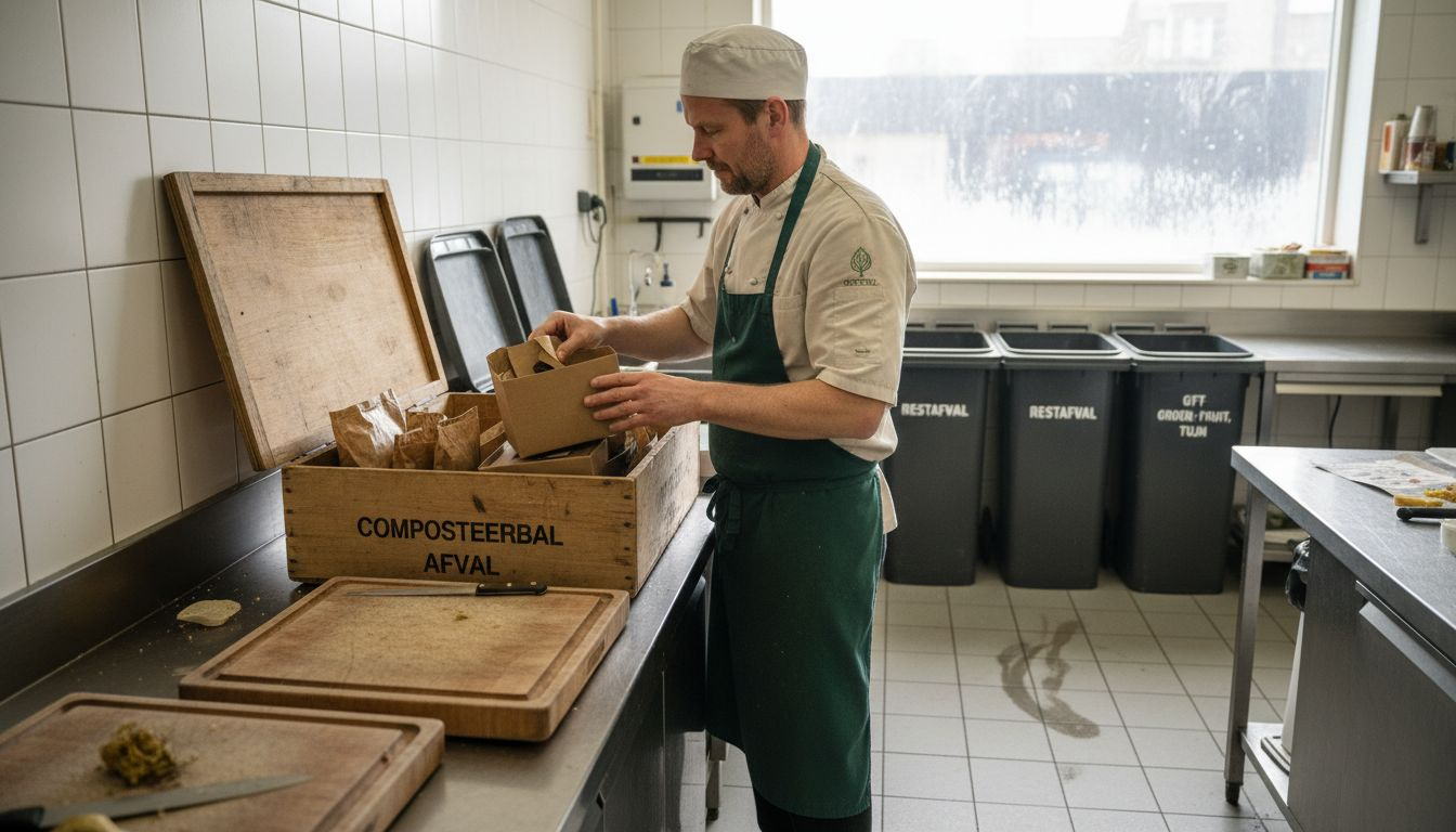 De chef-kok scheidt composteerbare verpakkingen in de keuken.
