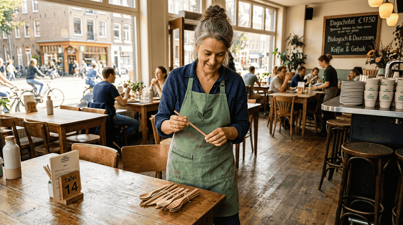 De restauranteigenaar legt de bamboe bestekken netjes klaar.