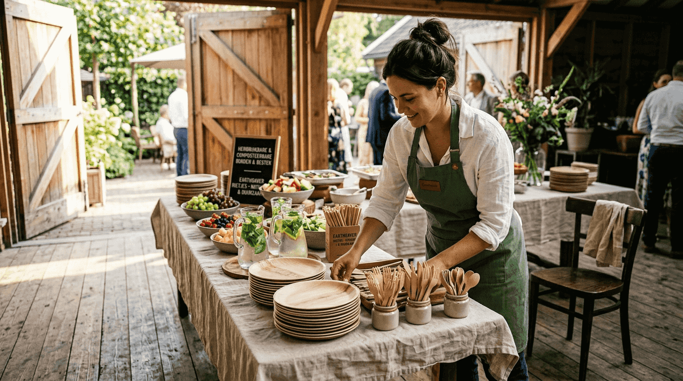 Coördinator richt een cateringtafel in zonder plastic