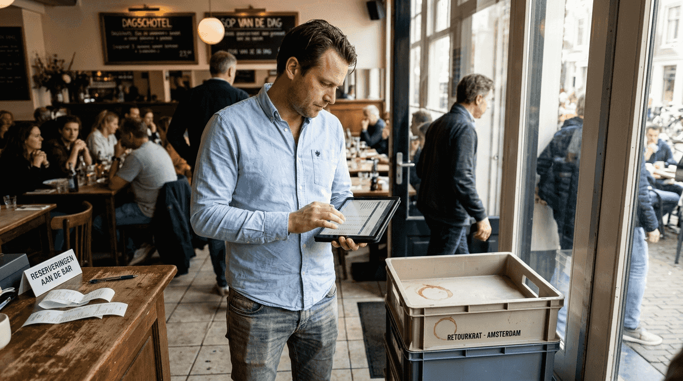 Een eventmanager bekijkt de facturen terwijl hij in het restaurant zit.