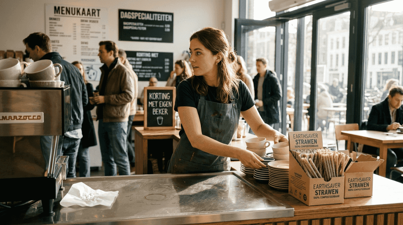 Een barista die milieuvriendelijke wegwerpbekers en -materialen netjes ordent achter de bar.