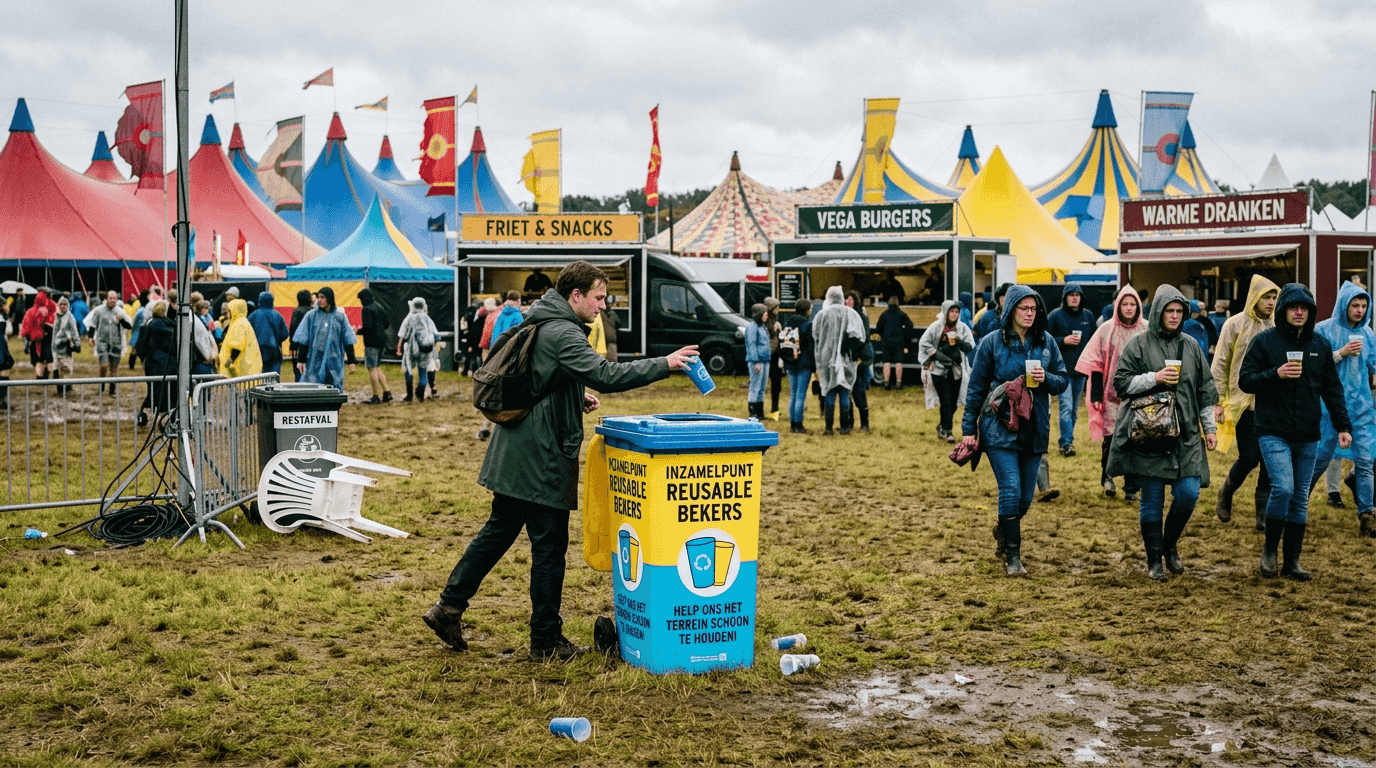 Een festivalganger gooit zijn afval netjes in de inzamelbak tijdens een Nederlands festival.