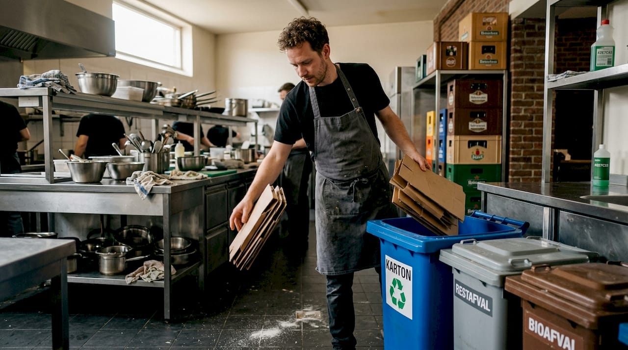 Een medewerker scheidt het verpakkingsafval in de keuken van het restaurant.