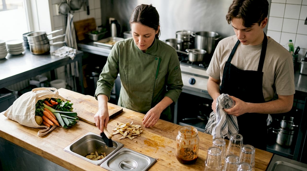 In een duurzame horecakeuken staat de chef verse groenten te schillen.
