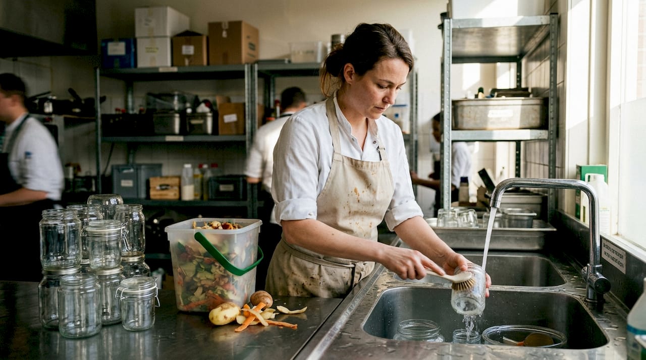 De chef maakt in de keuken de herbruikbare bakjes grondig schoon.