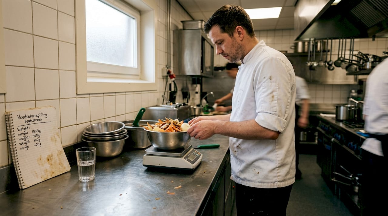 De chef staat in de keuken en weegt het overtollige eten om voedselverspilling inzichtelijk te maken.