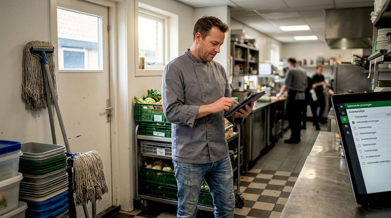 De logistiek manager loopt door de keuken om de voorraden te controleren.