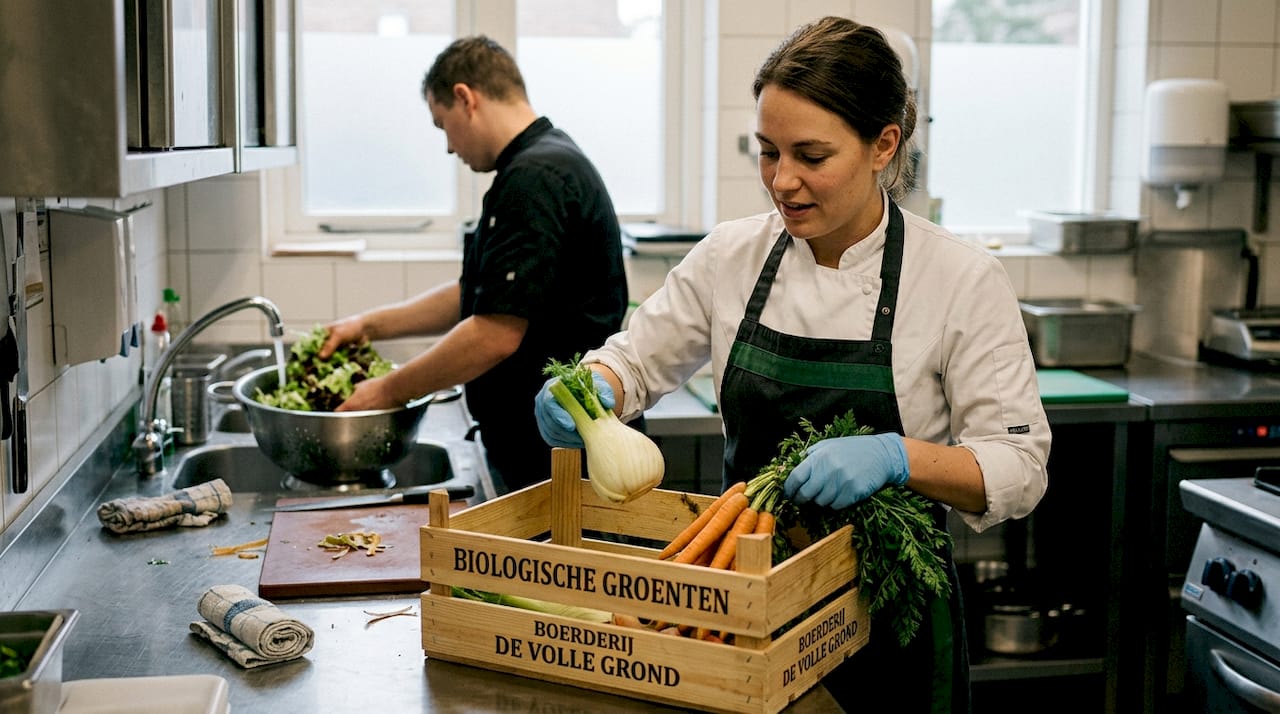 Chef-kok inspecteert biologische groenten in de professionele keuken