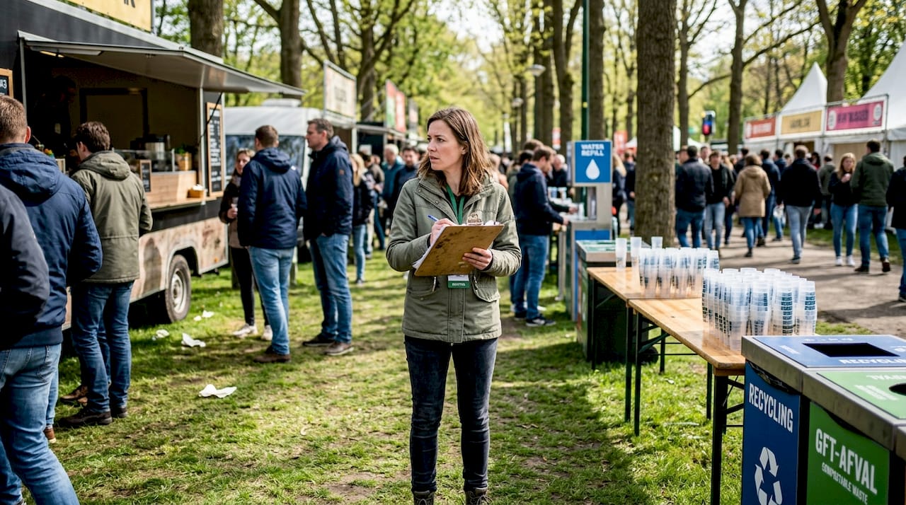 De organisator van het festival loopt rond om te controleren of het buitenevenement volledig plasticvrij verloopt.