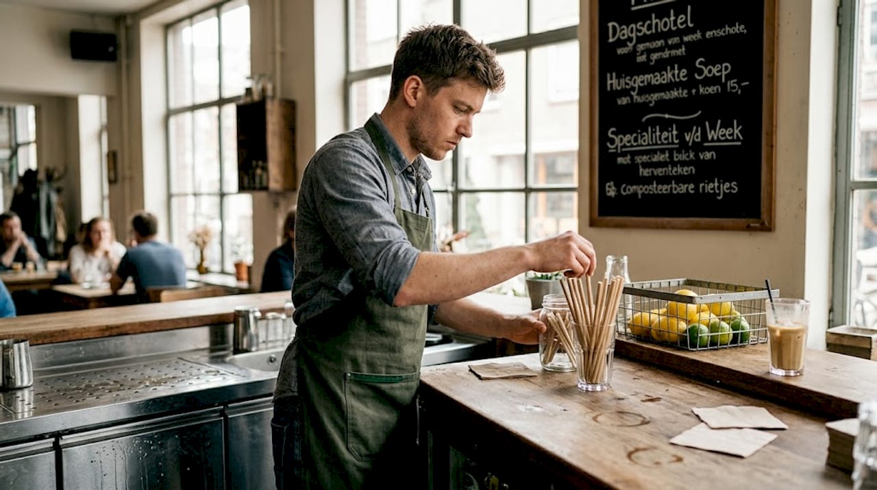 Een barman legt composteerbare rietjes netjes klaar aan de bar, zodat gasten kunnen kiezen voor een milieuvriendelijke optie.
