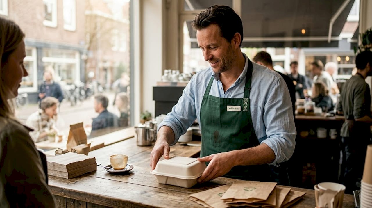 De café-eigenaar kiest voor milieuvriendelijke wegwerpverpakkingen.
