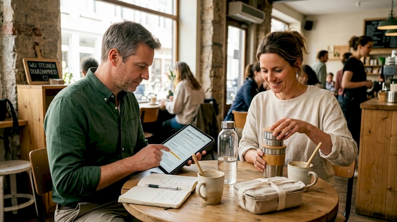 Lokale ondernemers buigen zich samen in het café over duurzaamheidsmaatregelen