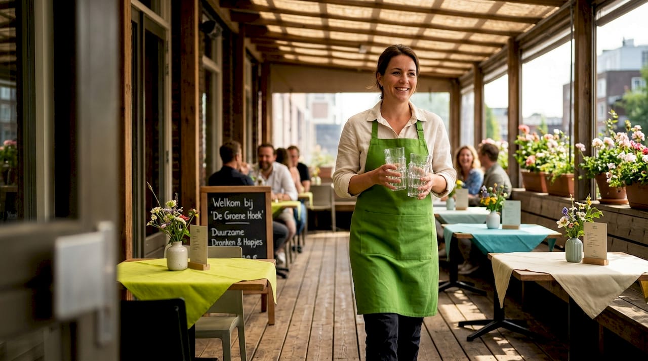Op het terras worden de drankjes door een medewerker in herbruikbare bekers geserveerd.
