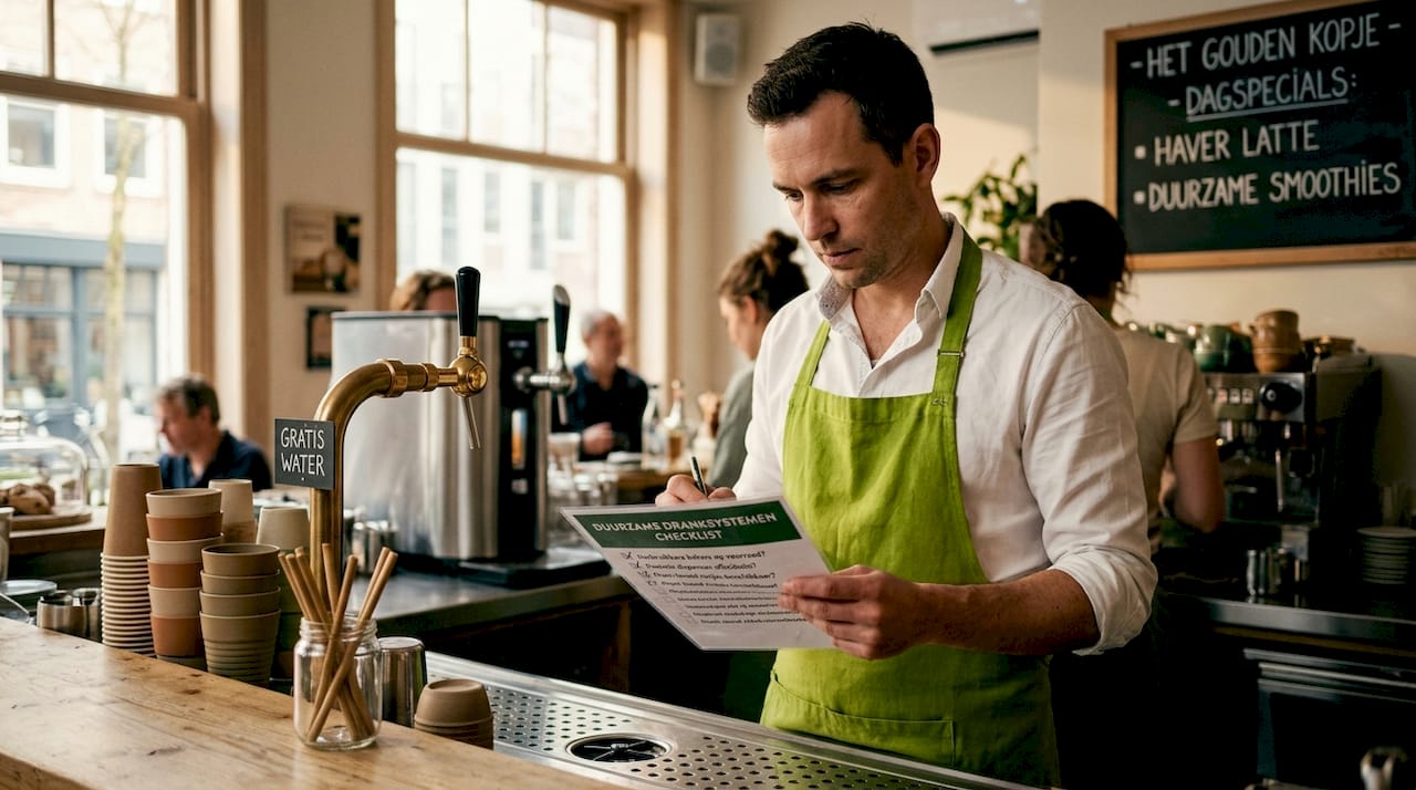 Cafémanager beoordeelt duurzame drankvoorziening