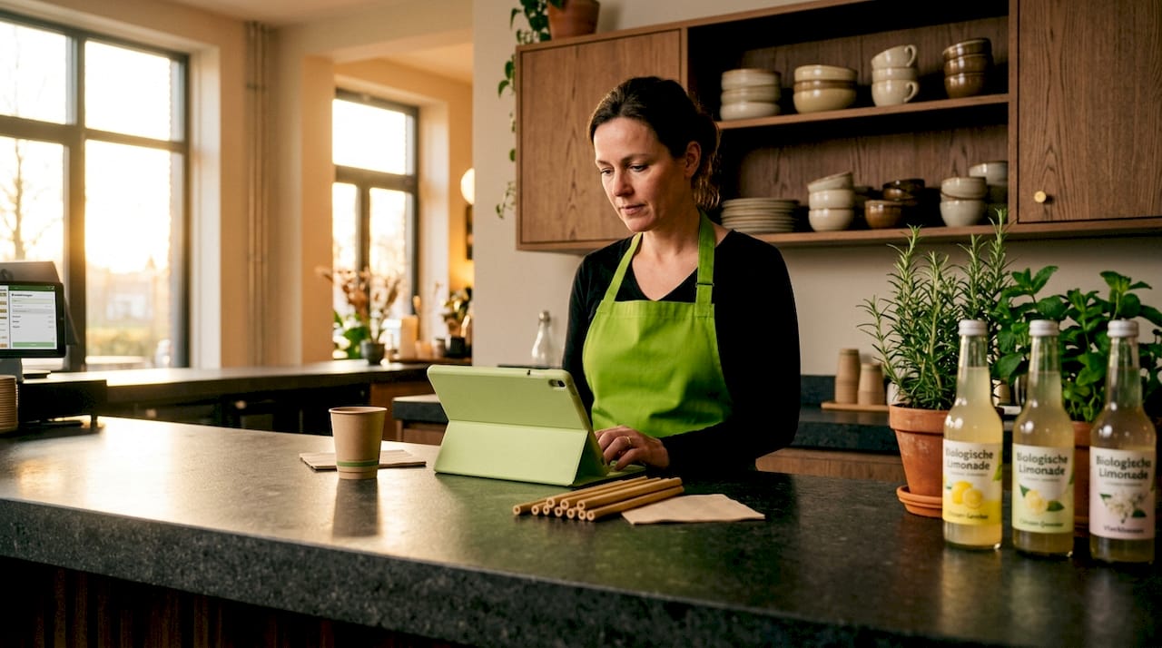 De horecamanager zorgt ervoor dat de bar wordt bevoorraad met duurzame producten.