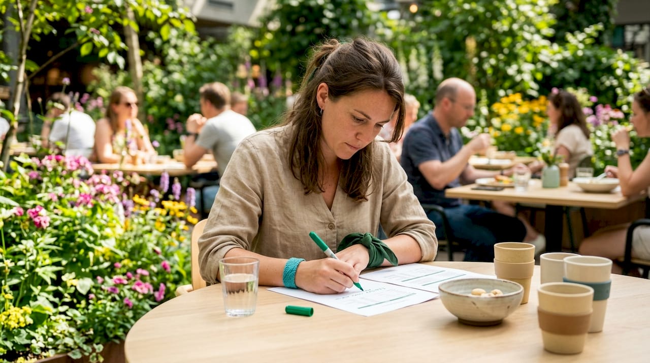 Een inkoopmanager bladert in een gezellig café door documenten over duurzame inkoop.