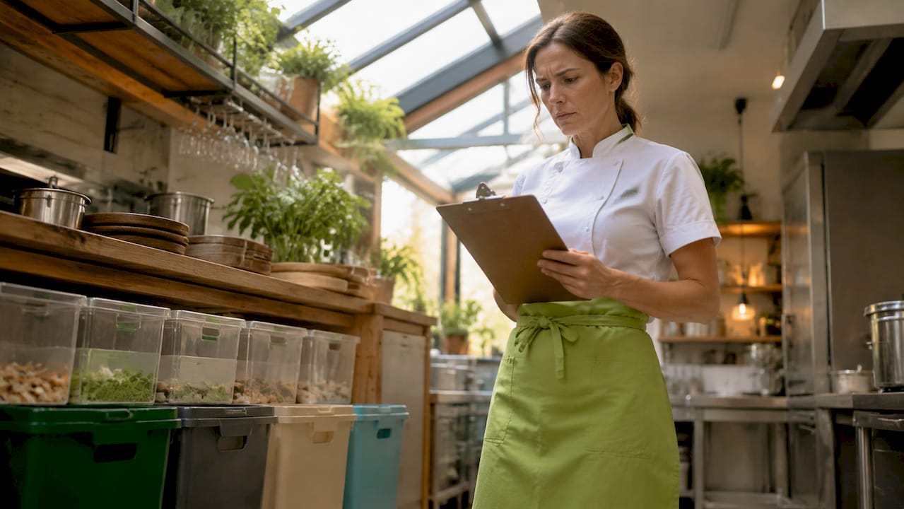 De restaurantmanager loopt door de keuken om te controleren of het afval goed wordt gescheiden en het recyclingproces soepel verloopt.