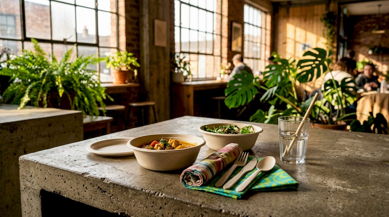 Detailopname van biologisch afbreekbaar servies op een houten tafel
