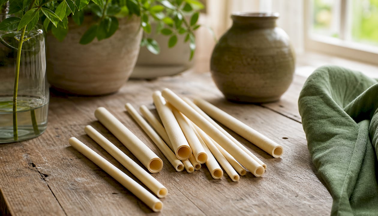 Close-up van milieuvriendelijke rietjes gemaakt van plantaardig materiaal, gelegd op een houten ondergrond.