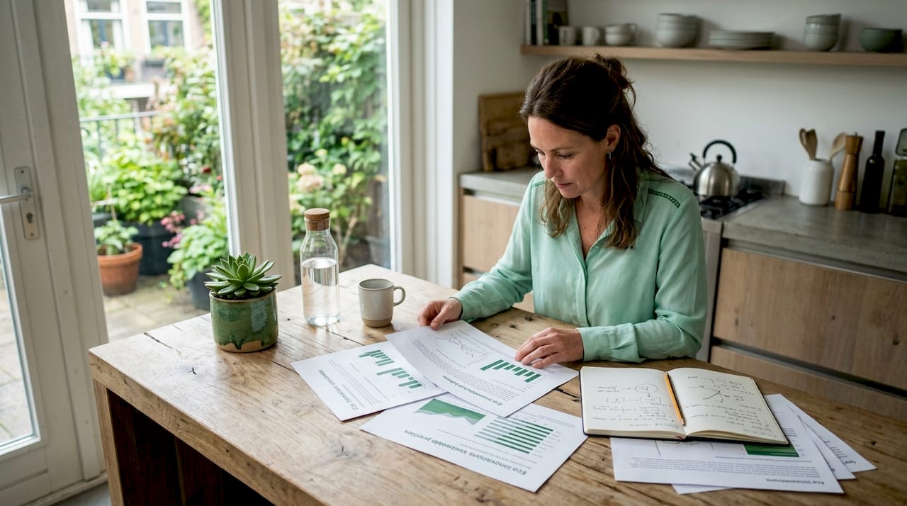 De duurzaamheidsmanager neemt innovatieve eco-oplossingen zorgvuldig door in de documenten.