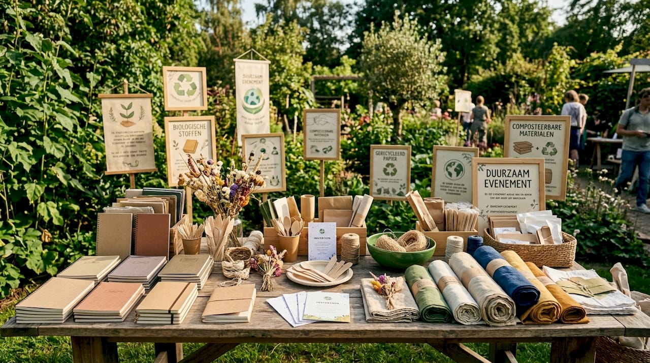 Duurzame materialen voor het organiseren van een evenement, uitgestald op een houten tafel