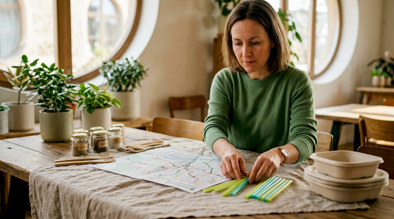 Plannen voor duurzame leveringen liggen op een houten tafel klaar.