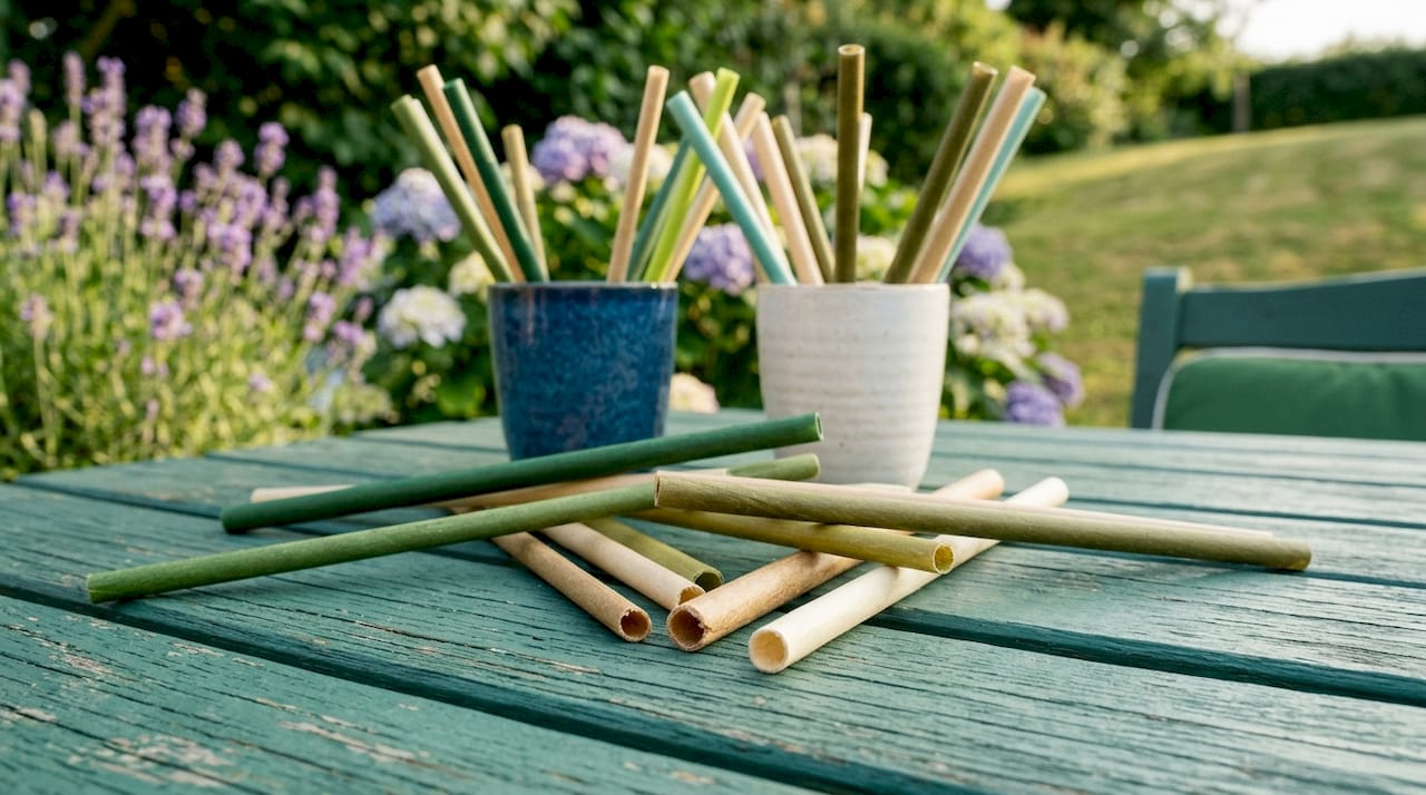 Detailopname van milieuvriendelijke rietjes gemaakt van planten, tegen een witte achtergrond.