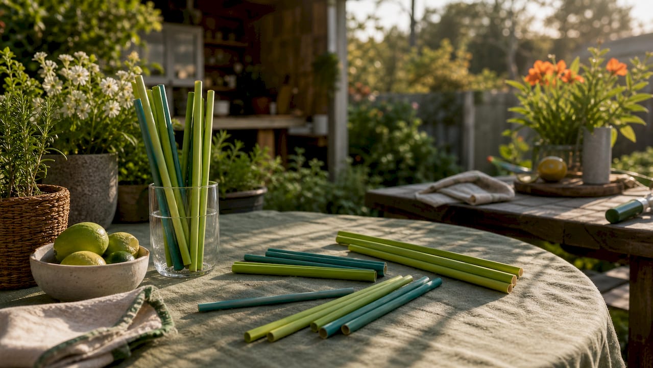 Dichtbij gefotografeerde duurzame rietjes van composteerbaar materiaal op een tafel