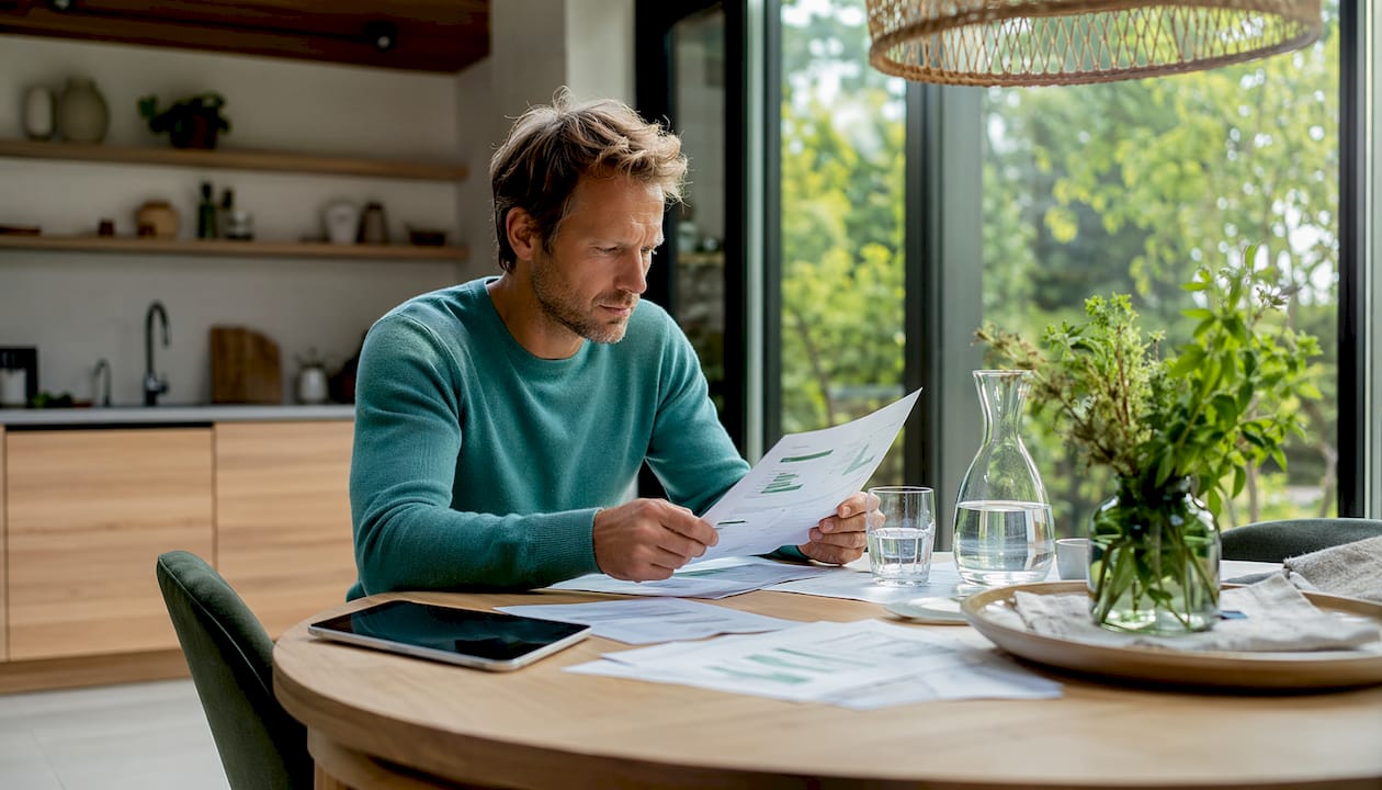 Een horecaondernemer buigt zich over eco-auditrapporten aan een houten tafel.