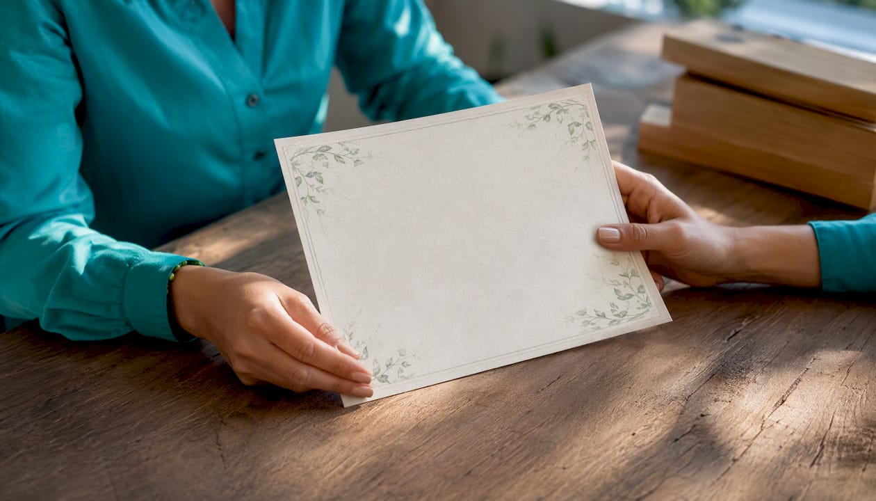 Detailfoto van een hand die een duurzaamheidskeurmerk vasthoudt