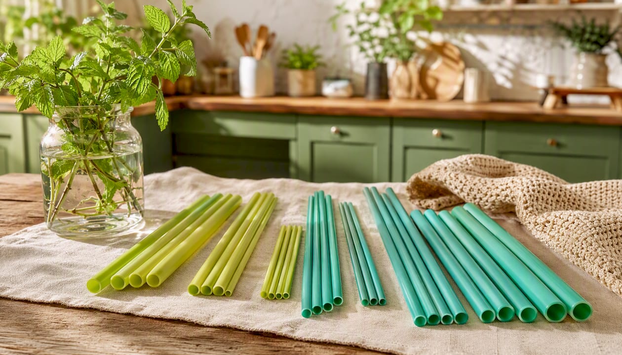 Detailfoto van milieuvriendelijke rietjes gemaakt van planten, gelegd op een marmeren ondergrond.