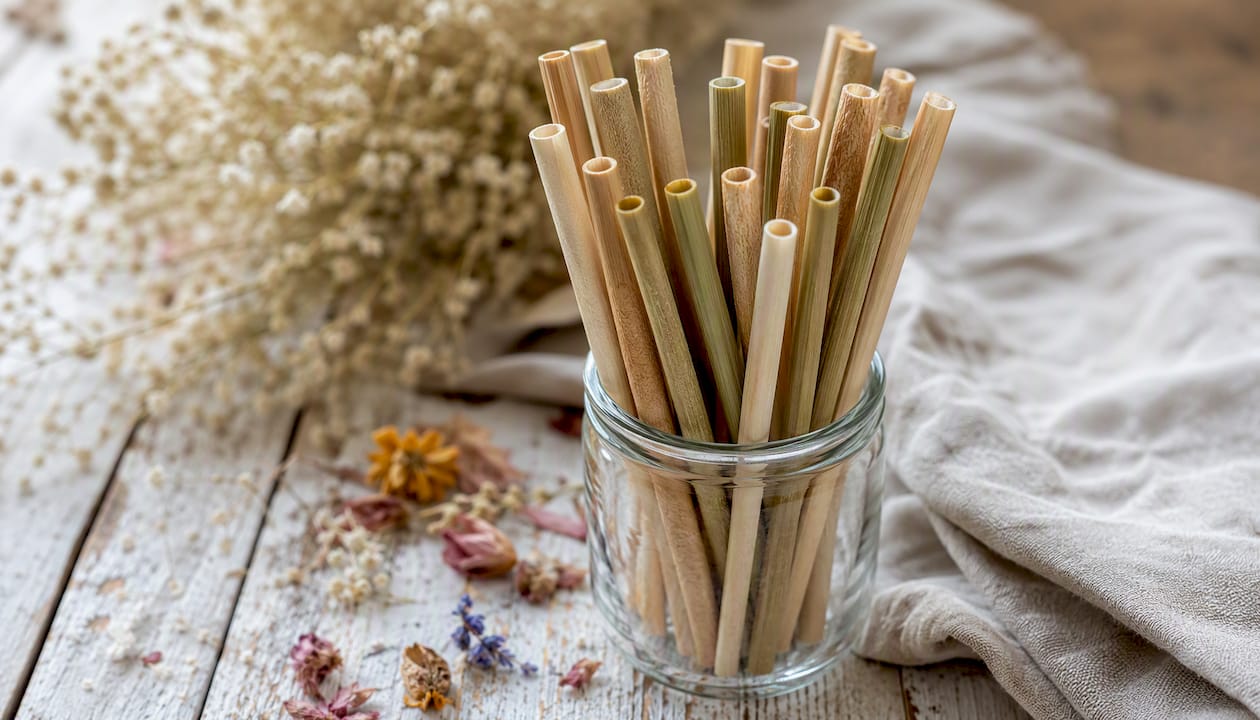 Een glazen pot gevuld met milieuvriendelijke rietjes van plantaardig materiaal.