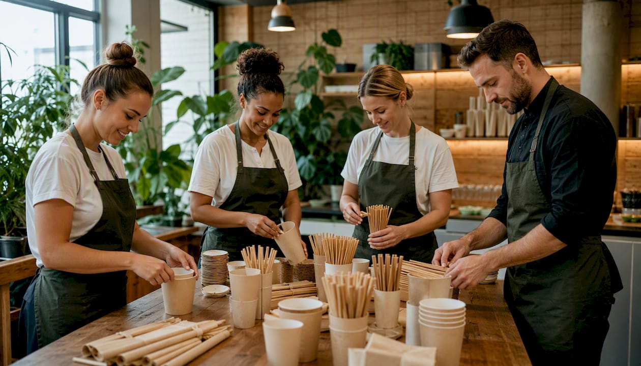 Handen die druk bezig zijn met het klaarmaken van milieuvriendelijke wegwerpserviezen