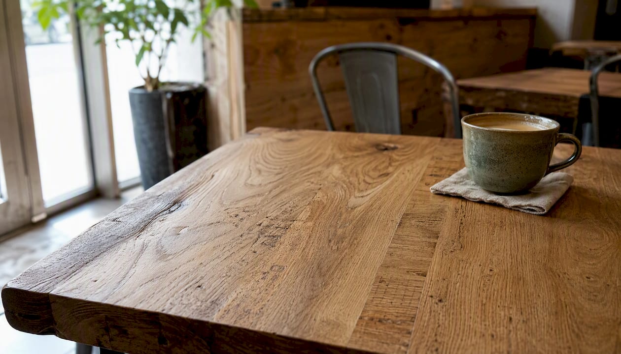 Detail van de herstelde eikenhouten tafel met het frame van de stoel in beeld