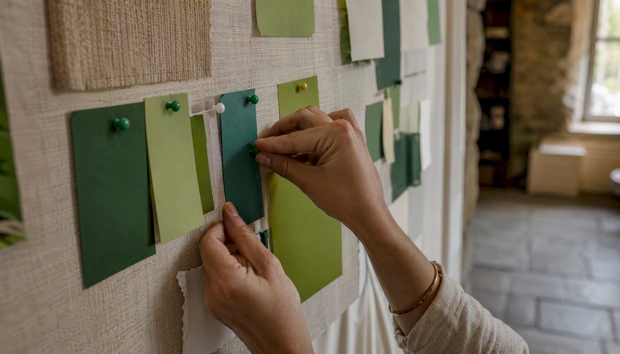 Handen schuiven groene kaartjes met ideeën over een bord
