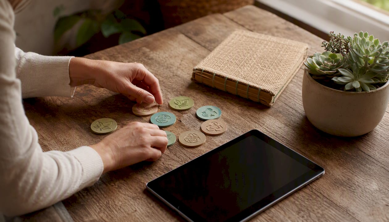 Handen die duurzame tokens sorteren op een houten ondergrond