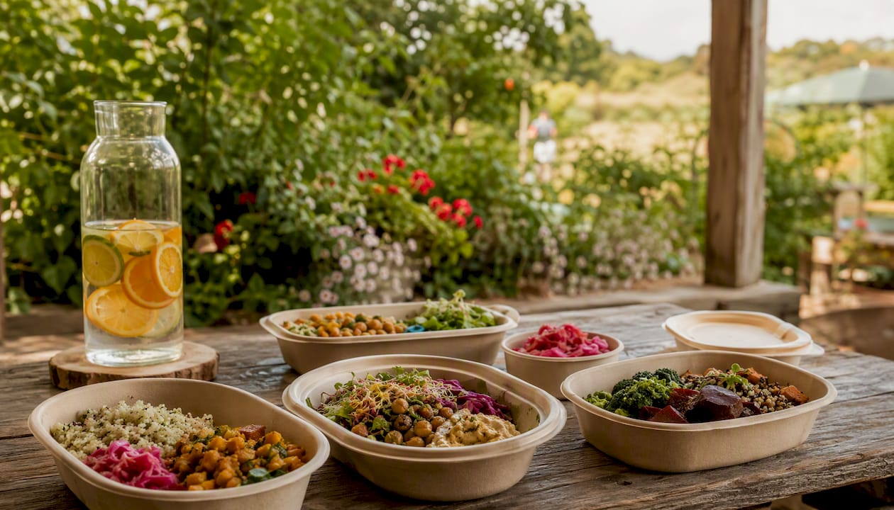 Een vogelvlucht van kleurrijke, plantaardige lunchbowls tijdens een conferentie