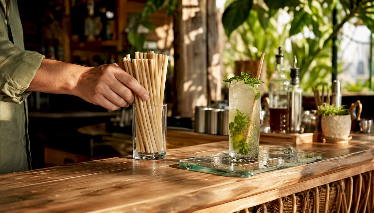 Een hand voegt biologisch afbreekbare rietjes van plantaardig materiaal toe aan een cocktail.