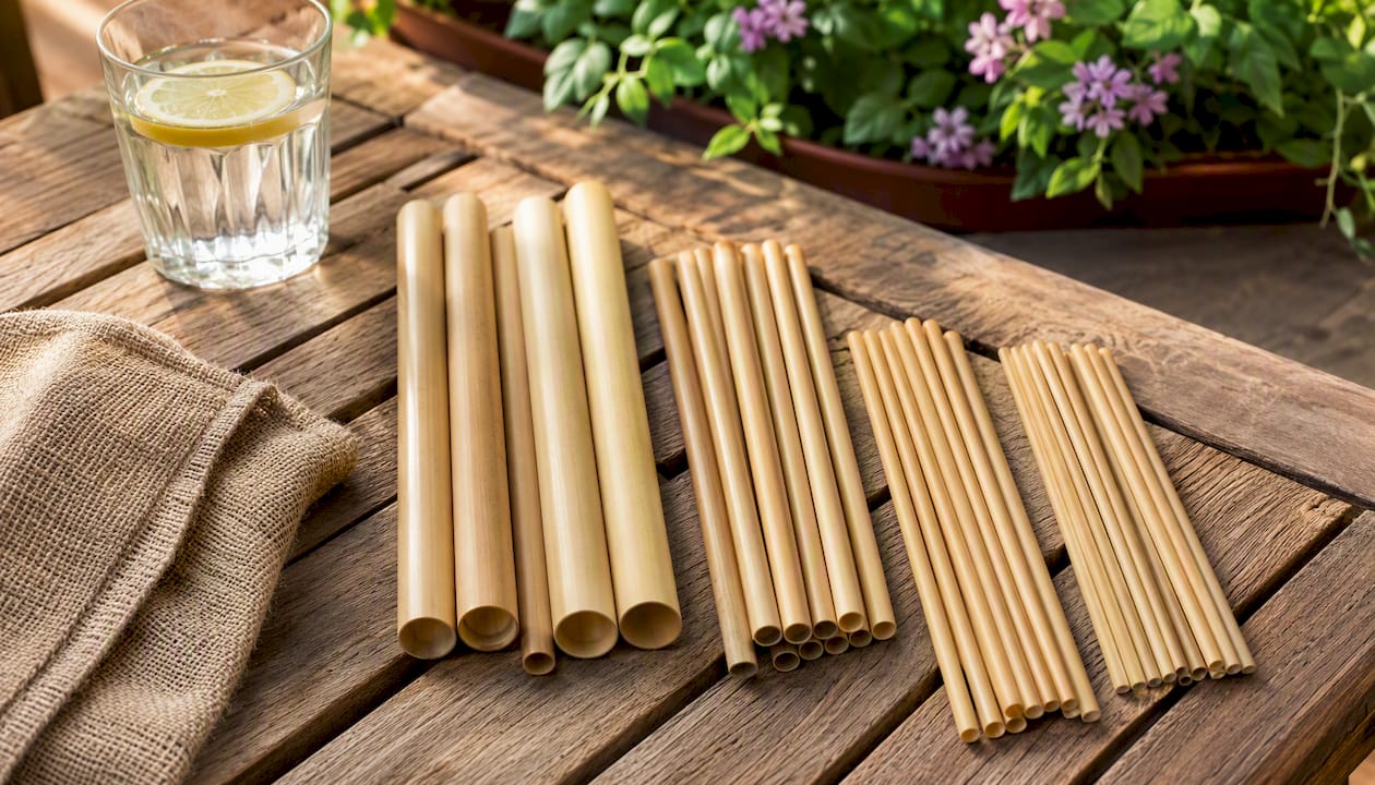 Detailopname van biologisch afbreekbare rietjes van plantaardig materiaal, gelegd op een houten ondergrond.