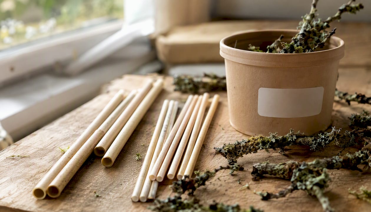 Een compostbak en duurzame producten op een stenen ondergrond