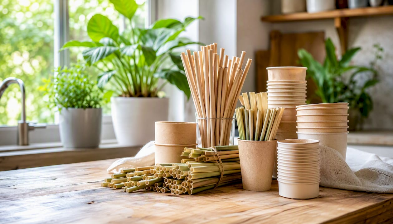 Milieuvriendelijke rietjes van plantaardig materiaal en composteerbare bekers gepresenteerd op een houten ondergrond
