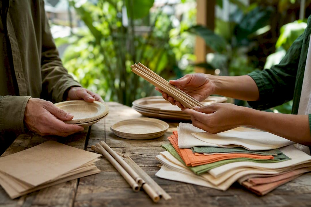 Een paar handen bekijkt milieuvriendelijke wegwerpproducten die op een houten tafel liggen.