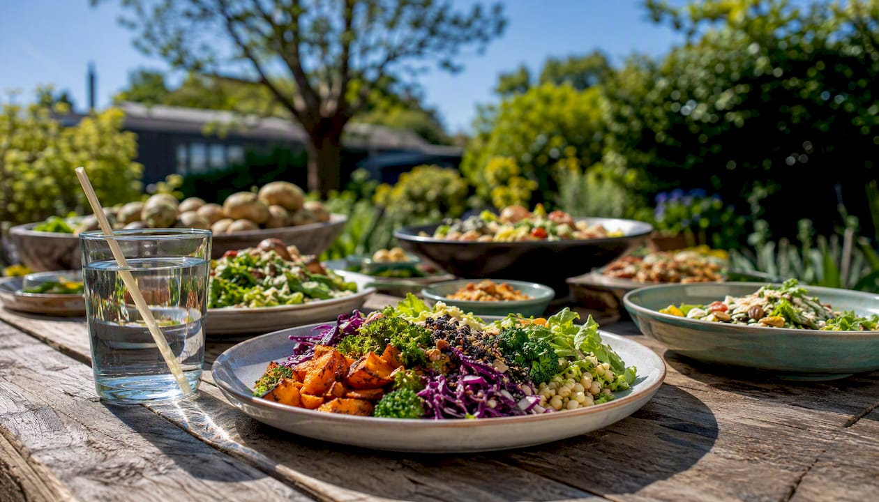 Plantaardig gerecht op buffet met composteerbaar rietje